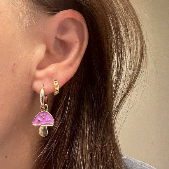 Gold & Purple Enamel Mushroom Rhinestone Huggie Dangle Earrings NEW - Picture 4 of 8